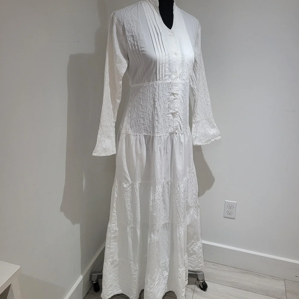 Dressed in White Women's Embroidered Boho Cotton Maxi Dress XS Fairycore Peasant - Picture 2 of 13